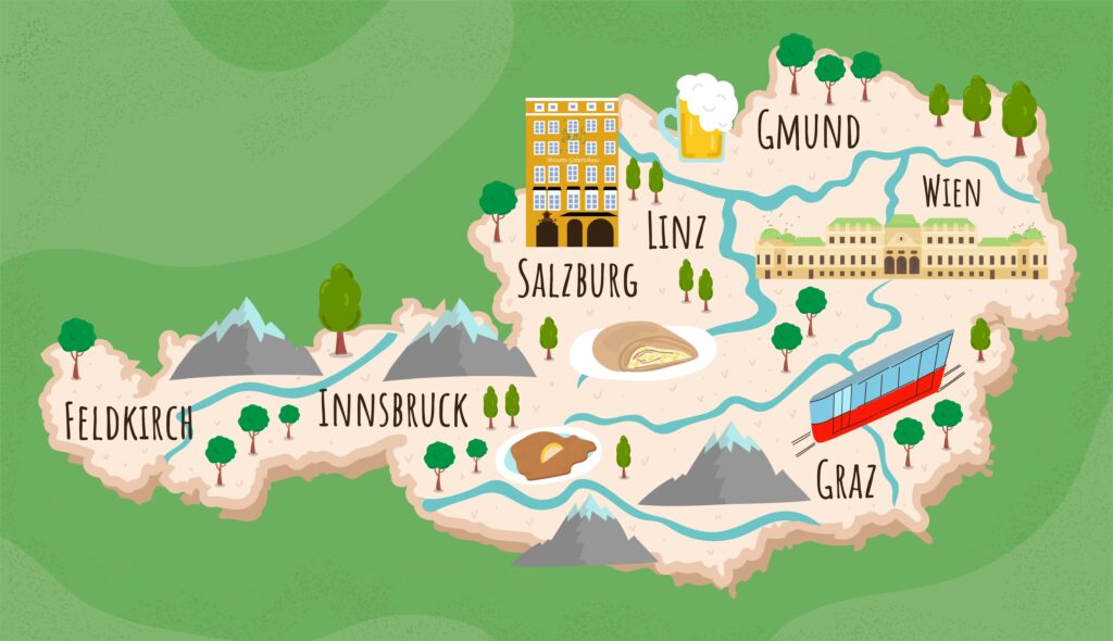 Austria cartoon map showing the 9 states